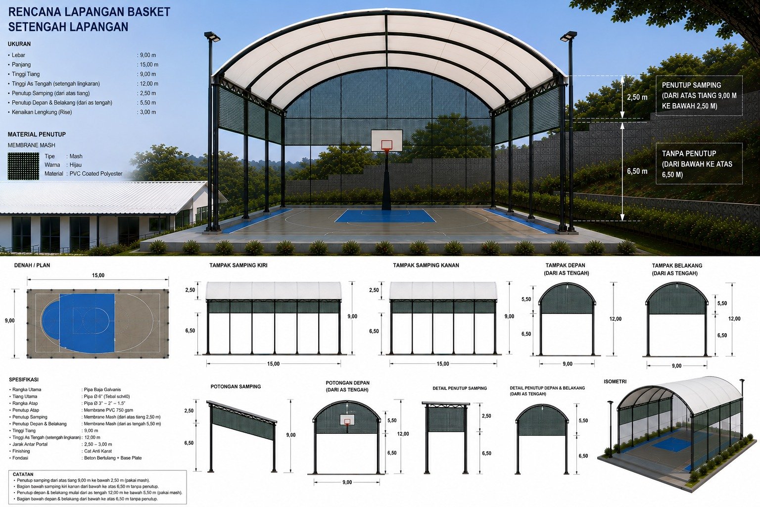 Desain atap membrane lapangan basket