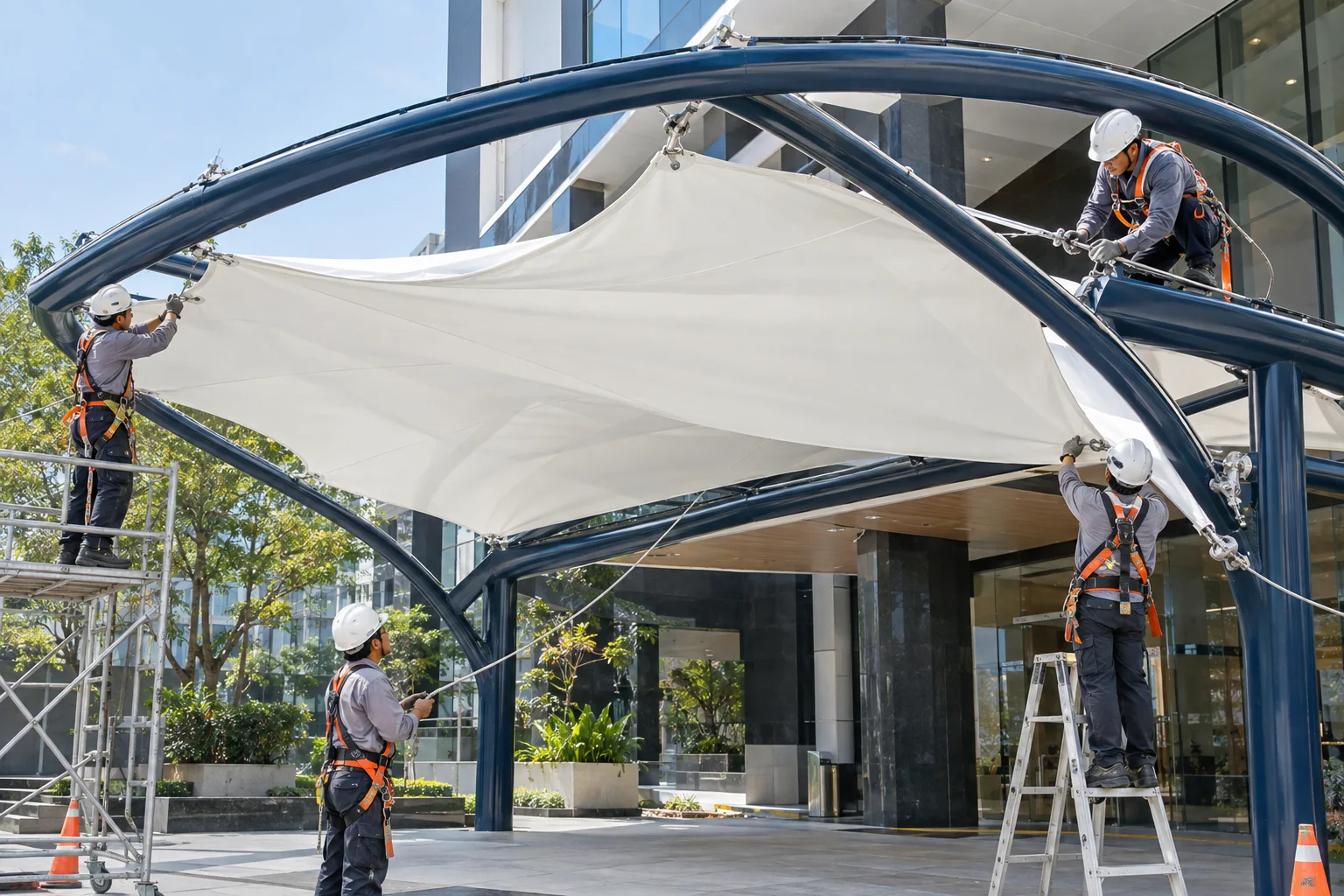 Ilustrasi pembentangan dan penarikan kain tenda membrane